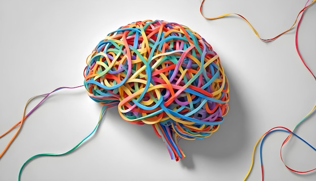 Brain with Tangled Threads and Rubber Bands Representing Anxiety in Handmade Style