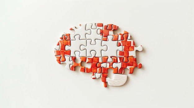 A brainshaped puzzle with orange and white pieces on a white background