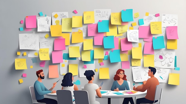 A brainstorming session with colorful sticky notes