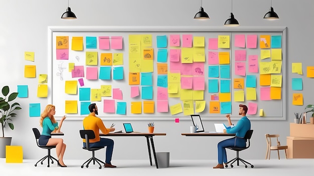 A brainstorming session with colorful sticky notes