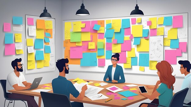 A brainstorming session with colorful sticky notes