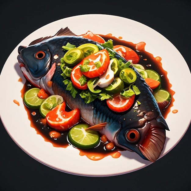 Braised fish Chinese cuisine chili lemon ingredients delicious dishes wallpaper background