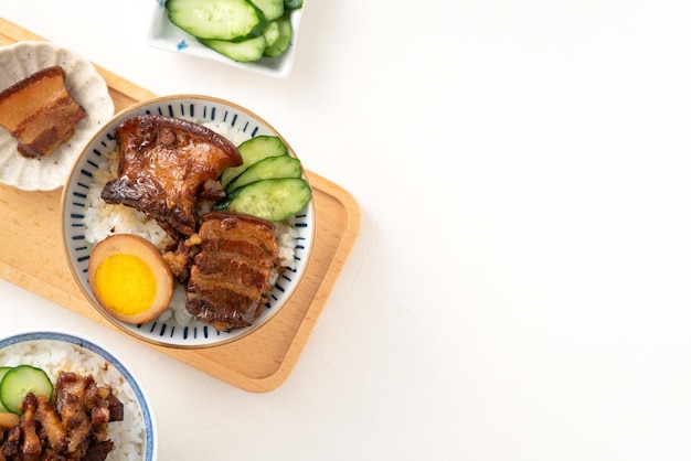 Braised pork belly meat over cooked rice famous and delicious street food in Taiwanese restaurant