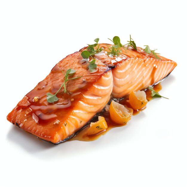 a braised salmon studio light isolated on white background