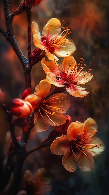 A branch of apricot flowers with the word spring on it