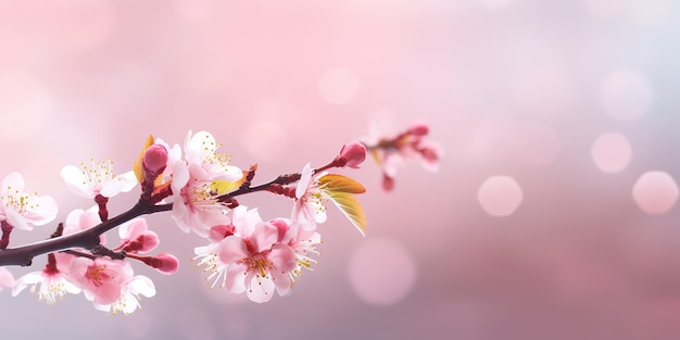 branch of blossoming cherry over blurred background with copy space