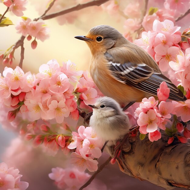 On a branch of a blossoming cherry tree are a hen and a calf