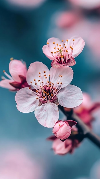 Photo a branch of a blossoming cherry tree with the white flowers in the background