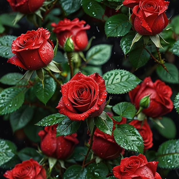 Branch bushy red roses after rain with water drops