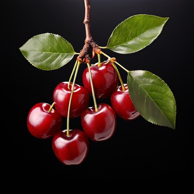 a branch of cherries with a black background