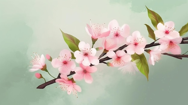 A branch of a cherry blossom tree with pink flowers.