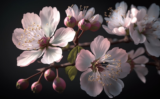 A branch of cherry blossoms on black background