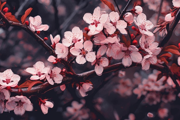 A branch of cherry blossoms with pink flowers