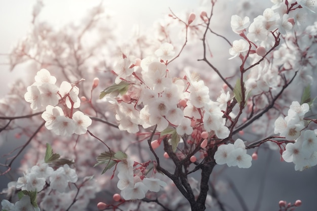 A branch of cherry blossoms with the sun shining through the leaves