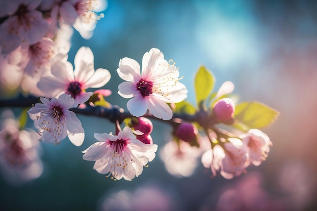 A branch of cherry blossoms with the sun shining through the leaves