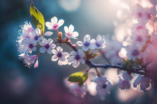 A branch of cherry blossoms with the sun shining through the leaves.