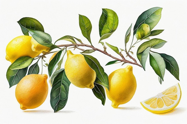 Branch of fresh lemons Watercolor citrus botanical AI generative illustration