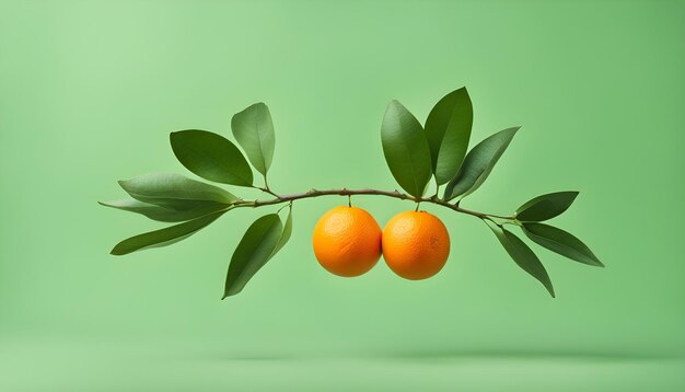 A branch of fresh oranges with leaves on a green background