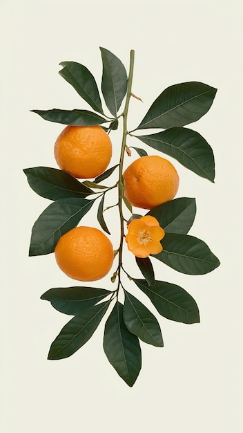 Branch from an orange tree with leaves and flowers is isolated on a white background