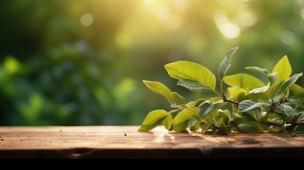 A branch of green leaves on a wooden table with a blurred background