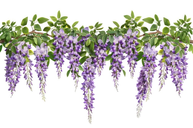 Branch of Hanging Purple Wisteria Flowers Isolated on White Background