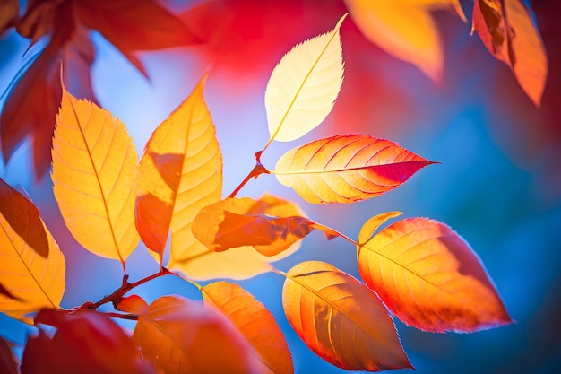 A branch of leaves with the leaves turning orange and yellow.