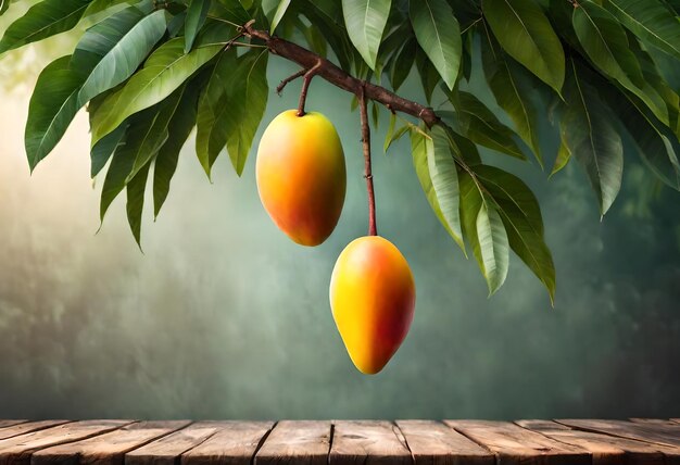 a branch of mangoes hanging from a tree with the background of the water