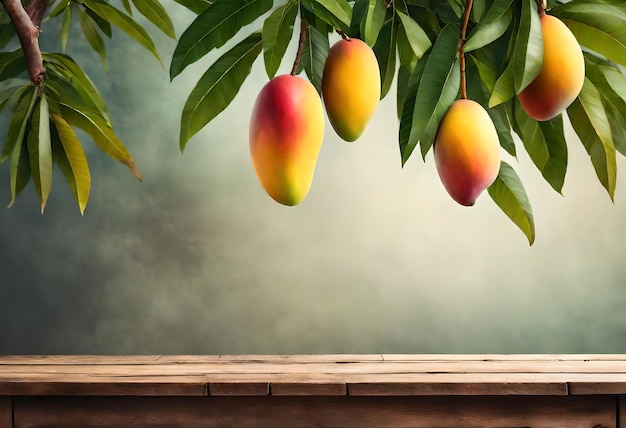 Photo a branch of mangoes hangs from a wooden board