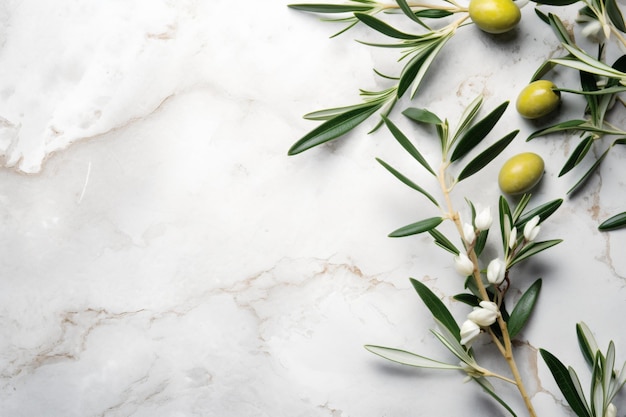 a branch of olives with green leaves on a marble surface