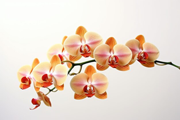 A branch of a pale orange orchid on a white background Generative AI