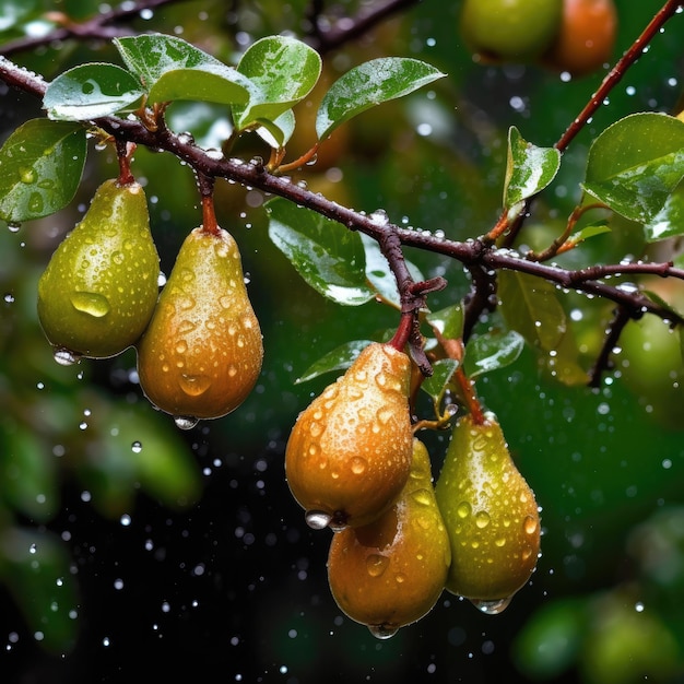 Photo a branch of pears with rain drops on it