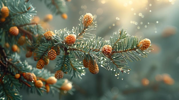 a branch of a pine tree with cones on it