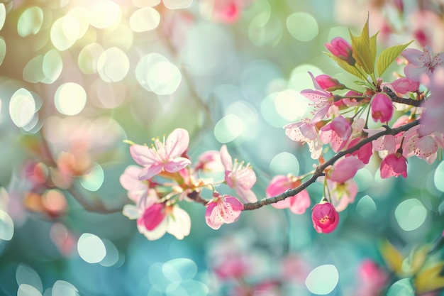 Photo branch of pink blossoms with bokeh lights springtime floral concept for easter celebration