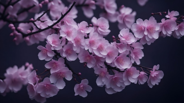 A branch of pink cherry blossom flowers in full bloom and are arranged in clusters