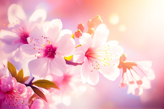 Branch of pink cherry and sakura with blurred background Generative AI Generative AI