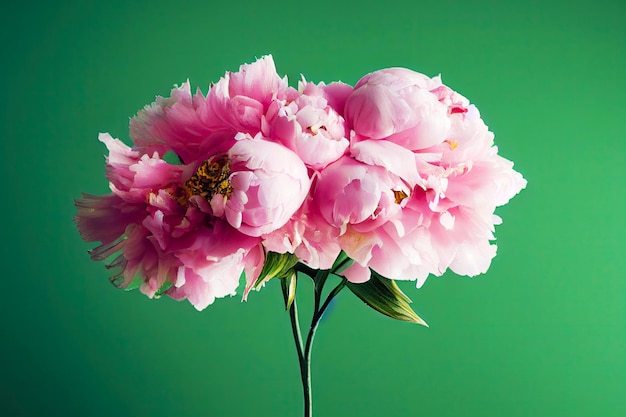 Branch of pink delicate peonies without leaves on green background