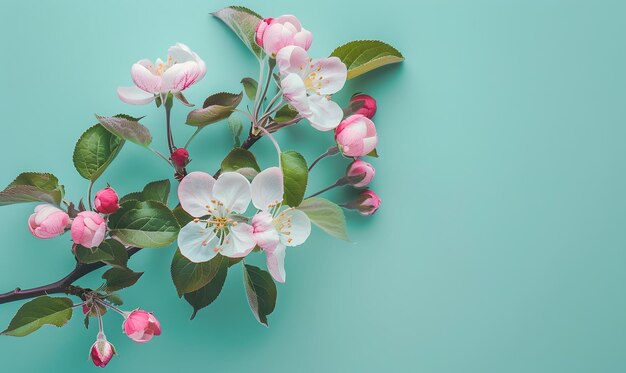 a branch of pink flowers with green leaves and pink flowers