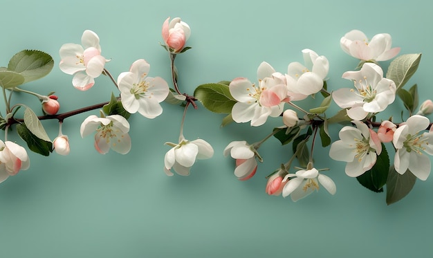 a branch of pink flowers with green leaves and pink flowers