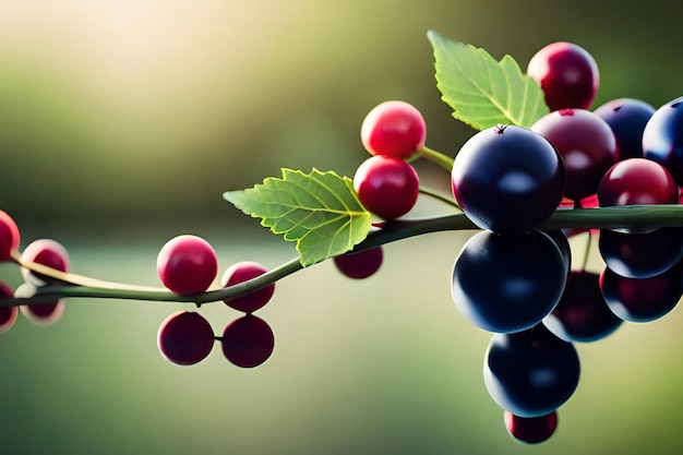 A branch of red and black cherries with green leaves and the word coffee on it.