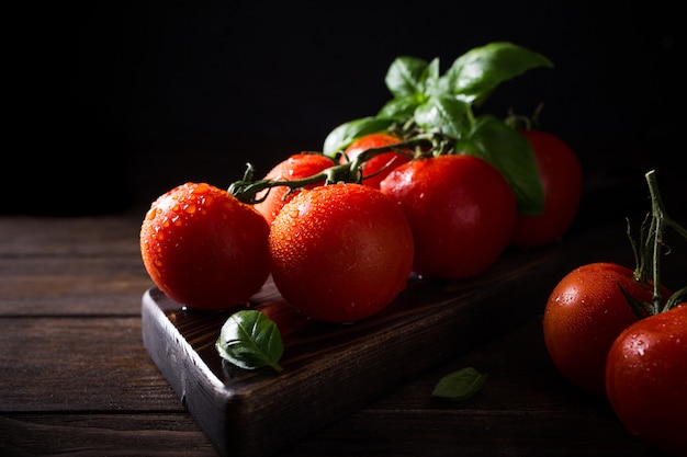 Branch of ripe natural tomatoes and basil leaves