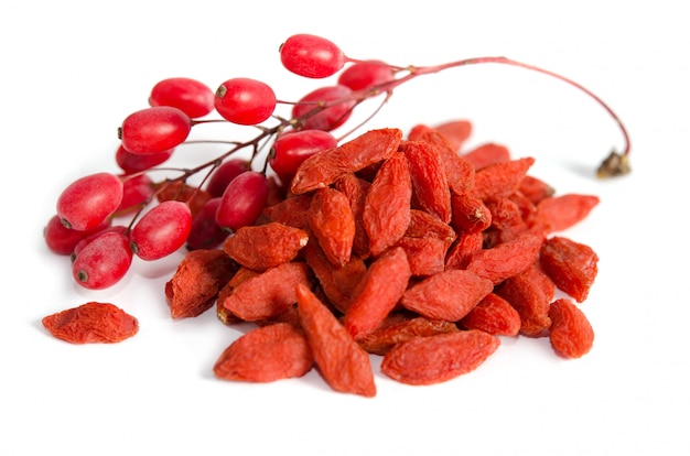 Branch of ripe red barberries and dried goji berries isolated on white space