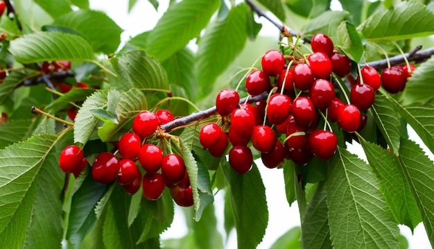 Branch of ripe red cherries on a tree in a garden Ripe red cherries on a tree in a garden