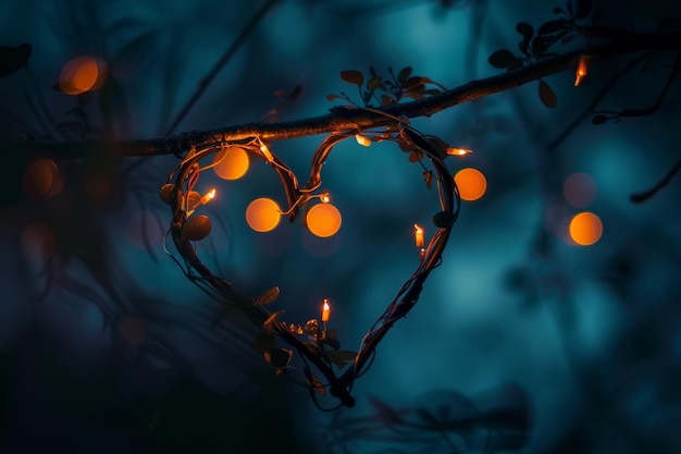 A branch shaped like a heart with glowing lights hanging from it Glowing lights illuminating a heart silhouette against a dark background