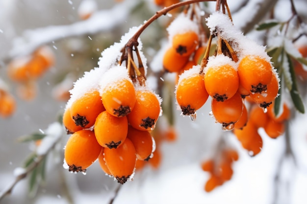 A branch of a tree covered in snow with orange berries