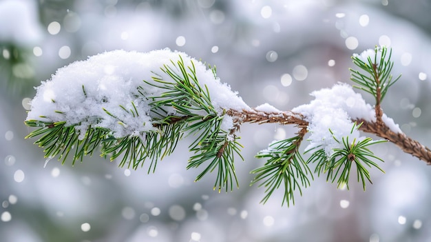 A branch of a tree covered with fluffy snow Paw pine with green needles