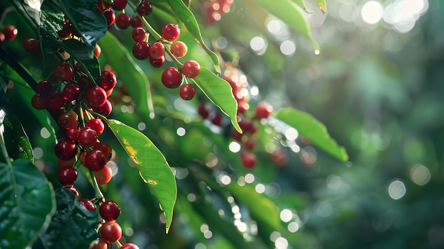 a branch of a tree with berries on it and the sun shining through