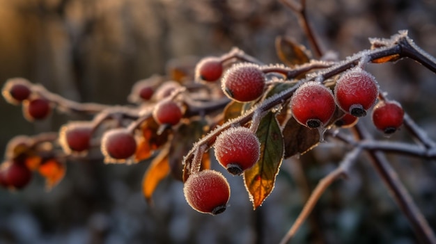 A branch of a tree with frost on it and the sun shining on it.