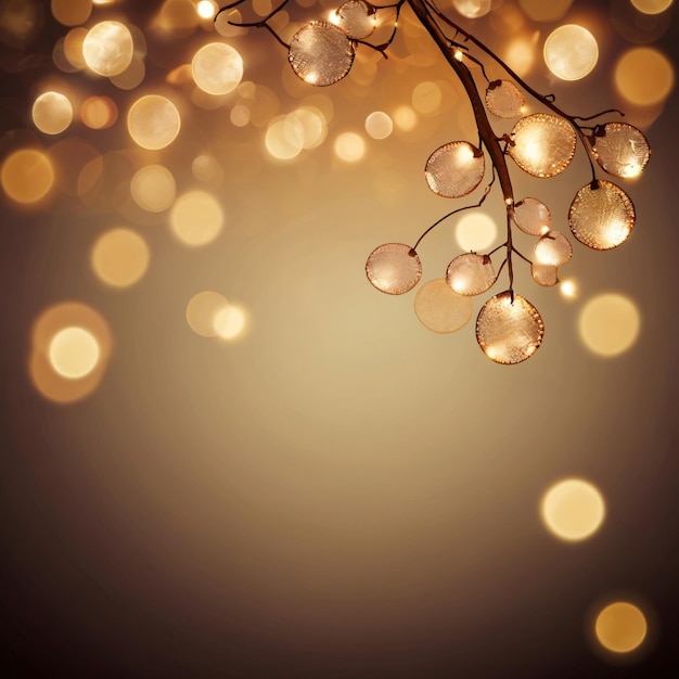 a branch of a tree with lights and a blurry background