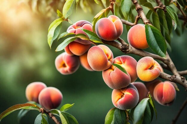 a branch of a tree with peaches on it and the sun shining through the leaves