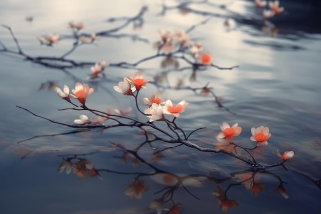 A branch of a tree with pink flowers floating in the water